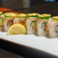 My Hamachi will go on Roll 8pcs · Hamachi, Avocado, Cucumber, Hamachi, Jalapeno,
Sesame seeds, Spicy mayo, Sweet Chili Sauce,
...