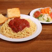 Spaghetti with Marinara Sauce · Includes mini garden salad and garlic bread.
