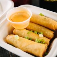 01. Crispy Veggie Rolls (5) · A mixture of imitation crab meat, cream cheese, carrots, and white onions wrapped in rice pa...