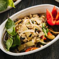 27. Thai Spicy Basil Stir Fry · Bamboo shoots, basil, mushrooms, baby corn, white onions, bell peppers, garlic.