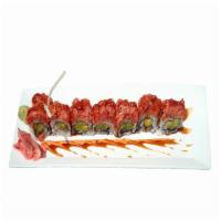H6. Fire Dragon Roll · Eel and avocado wrapped with spicy tuna. Eight pieces.