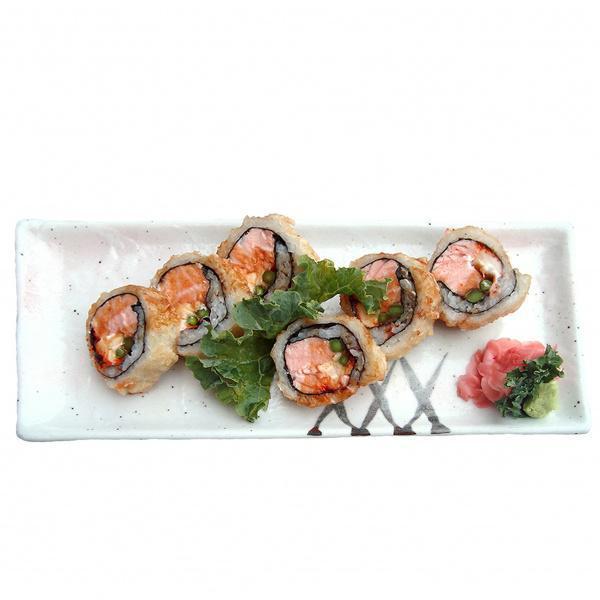 H14. South Orange Roll · Salmon, asparagus, cream cheese and masago lightly fried in tempura batter and topped with eel sauce. Six pieces.