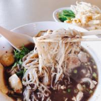 P5. Boat Noodles · A classic Thai style rice noodle dish packed with flavor! 

Featuring sliced pork, pork meat...