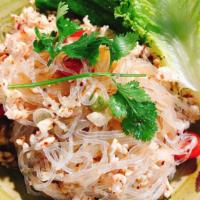 Yum Woon Sen Salad · (GF*) Choice of ground pork, ground chicken or shrimp(+$3) with glass noodles, chopped green...