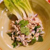 Larb Salad · (GF*) Choice of ground chicken, ground pork or ground beef (+$1), tossed with chopped green ...
