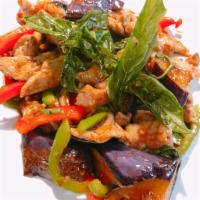 R8. Thai Eggplant · (GF*) Stir fried eggplant, bell pepper, yellow onion, basil leaves and some of soy bean past...