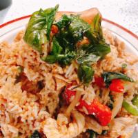 F2. Basil Fried Rice · (GF*)Fried rice mixed with yellow onion, bell pepper and *mushrooms in our house basil sauce...