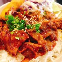 Spicy Pork Bowl · Pork with spicy Korean sauce. Steamed white rice, Korean noodles, fresh lettuce, red cabbage.