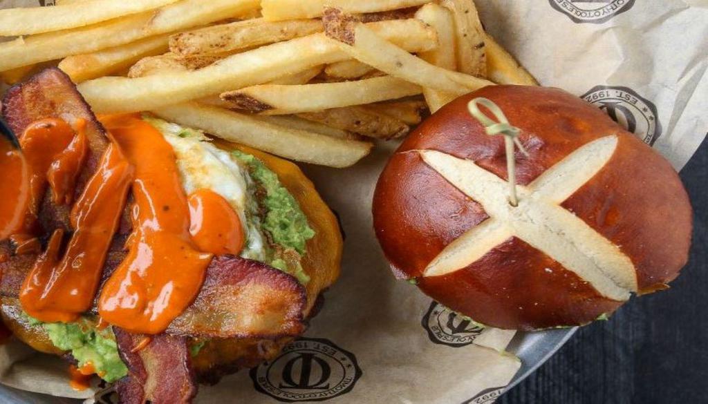 Chicago Fire Burger · Favorite. Bacon, fried egg, avocado, cheddar, Irish ghost wing sauce, pretzel bun. Consuming raw or undercooked meats, poultry, seafood, shellfish, or eggs may increase your risk of foodborne illness.