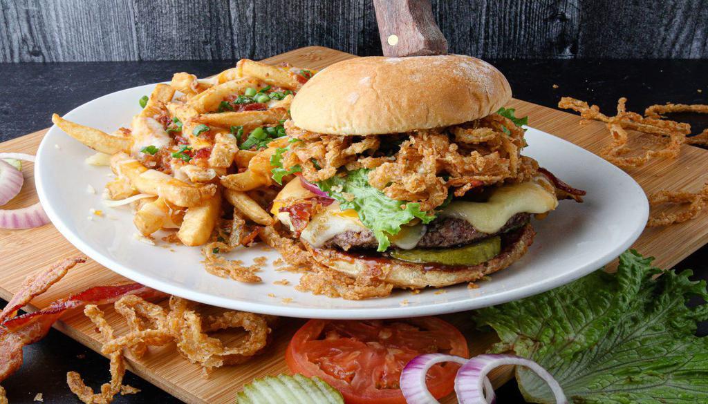 Little Timmy Burger · cheddar, jalapeño jack, mozzarella, swiss, bacon, bbq,
fried onion strings. lettuce, tomatoes, onion, pickles. Consuming raw or undercooked meats, poultry, seafood, shellfish, or eggs may increase your risk of foodborne illness.