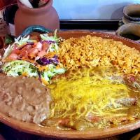 Cheese Enchilada Plate · 2 pieces. Stuffed tortilla topped with chili sauce.
