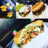 Pollo Enchilada Torta (Grilled chicken) · All tortas are made with refried beans, tomatoes, Oaxaca cheese, guacamole, jalapenos and le...