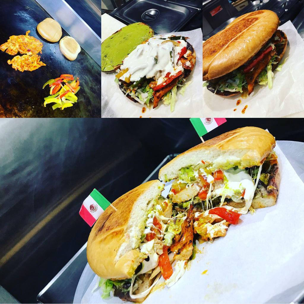 Pollo Enchilada Torta (Grilled chicken) · All tortas are made with refried beans, tomatoes, Oaxaca cheese, guacamole, jalapenos and lettuce. 