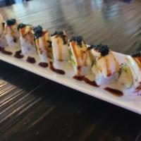 Black N White Roll · California roll with seared escolar on top, unagi sauce and black tobiko.