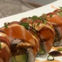 Drunk Roll · Spicy tuna roll with salmon on top and with spicy mayo, unagi sauce and scallion.
