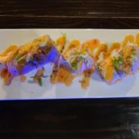 Sunset Roll · Shrimp tempura, spicy tuna, avocado, seared tuna, salmon on top, spicy mayo and sweet chili,...