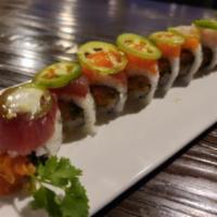 3 Brothers Roll · Spicy salmon, asparagus, cilantro with yellowtail, salmon, tuna on top jalapeno and ponzu an...