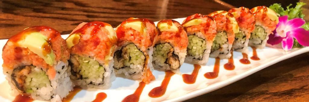 2. Zionsville Roll · 8 pieces. Eel, cucumber topped with spicy tuna, avocado, eel sauce.