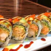 12. Angel Roll  · 10 pieces. Cooked. Lobster tempura, lettuce, crabmeat, topped with avocado, tobiko, spicy ma...