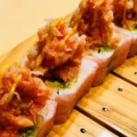 24. Two Thumbs up Roll  · 10 pieces. Spicy crabmeat avocado wrapped with pink soy paper, cut 10 pieces topped with spi...