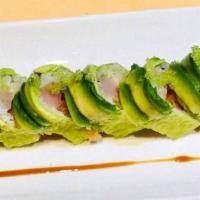 27. St. Patrick's Roll · 10 pieces. Fresh tuna, salmon, yellowtail, white tuna topped with avocado, green tobiko, gre...