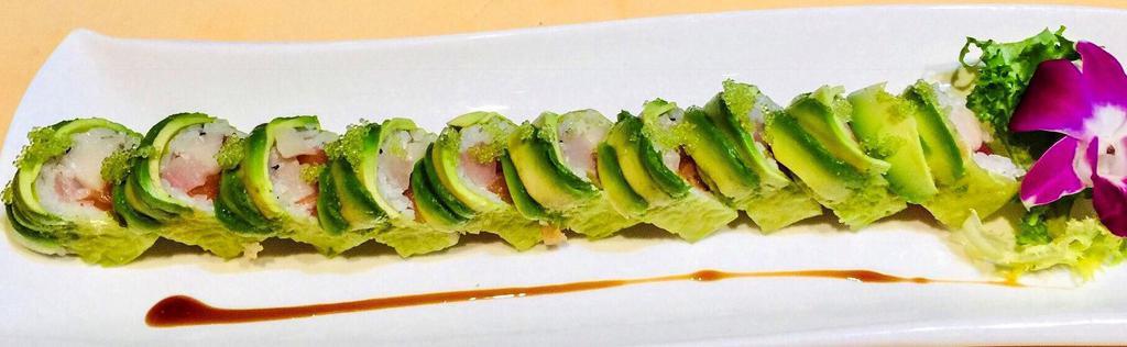 27. St. Patrick's Roll · 10 pieces. Fresh tuna, salmon, yellowtail, white tuna topped with avocado, green tobiko, green soy bean paper (soy paper).