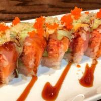 29. French Cake · 8 pieces. Spicy tuna, avocado topped with crunch tobiko, tuna, salmon, wrapped with soy pape...
