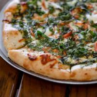 TUK Margherita Pizza · Fresh mozzarella, shredded mozzarella, Parmesan cheese, basil pesto, fresh tomato slices, fr...