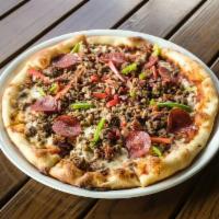 Katie-Mae Pizza · Beef, bacon, Italian sausage, pepperoni, mozzarella, zesty pizza sauce, red onions, bell pep...