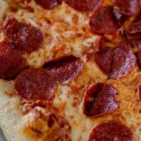 Sarah's Pepperoni Pizza · Pepperoni, mozzarella, Parmesan, zesty pizza sauce.
