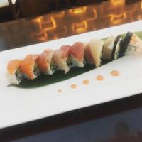 Rainbow Sashimi Roll · Raw. Kani, cucumber and avocado, topped with tuna, salmon, yellowtail, white fish, shrimp.