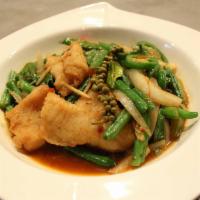 Pla Pad Cha · Deep-fried white fish filled, stir-fried with garlic, kaffir lime leaves, young green pepper...