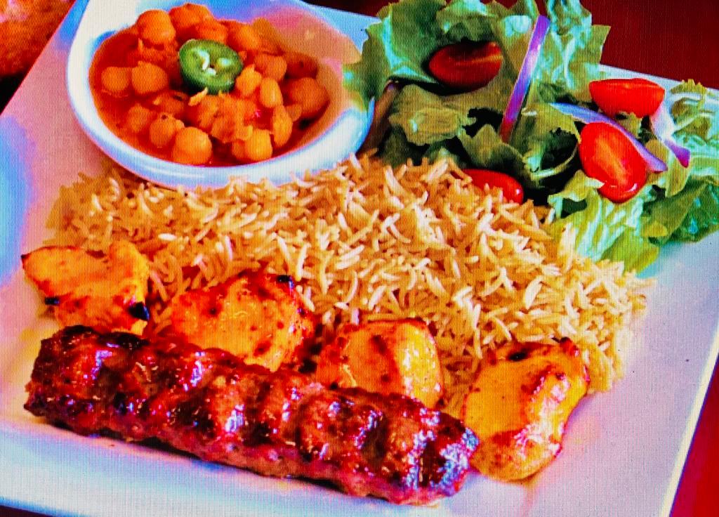 Flame Combo 3 · Combination of chicken breast and kubideh kabob, 1 skewer of each.