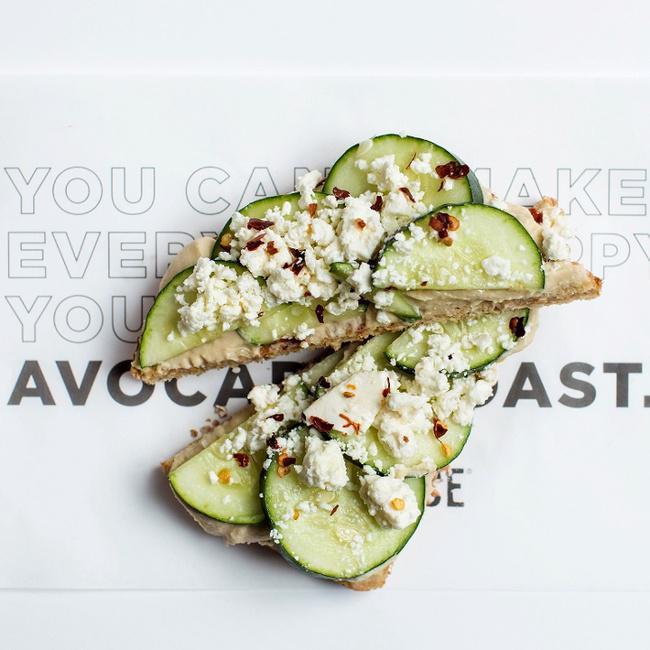 The Hummus Toast · Sprouted Toast, Hummus, Cucumber, Feta, Red Pepper Flakes, Lemon Juice 

Nutritional Information Sprouted Grain/Gluten Free

Total Calories - 240/310
Calories from Fat - 90/120
Total Fat - 10/13 g
Saturated Fat - 3/5 g
Trans Fat - 0 g
Cholesterol - 10/10 mg
Sodium - 430/710 mg
Total Carbs - 28/44 g
Dietary Fiber - 4/4 g
Sugars - 4/3 g
Protein - 9/6 g