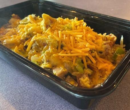 Sacks Breakfast bowl · Mushrooms, onions, jalapeno’s , green peppers, bacon, Scrambled eggs topped with melted cheddar cheese and served over a bed of crisp house made hash browns