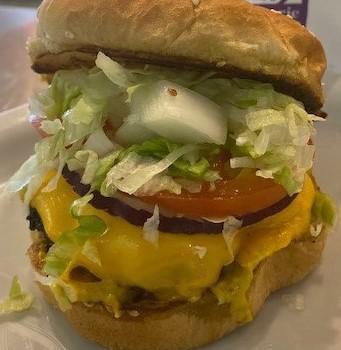Cheese Burger · Half pound burger, American cheese, lettuce, Tomato, onion on a toasted Brioche Bun