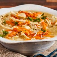 Greek Lemon Chicken Soup · Bowl of our fresh homemade lemon chicken soup. Served with soft pita.