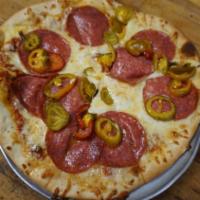 Calabrese Pizza · Marinara with salami, sweet cherry peppers, provolone and mozzarella.