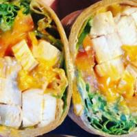 Buffalo Chicken Wrap · Chicken, cheddar cheese, habanero sauce, ranch dressing, lettuce and tomato. Served with cho...