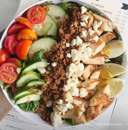 The Naughty Cobb Salad · Chicken, egg, bacon, feta, tomato, cucumber and maple bacon granola with your choice of dressing. 