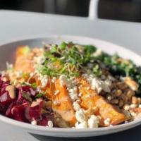 Macro Bowl · sautéed kale, roasted beet hummus, sweet potato, whipped goat cheese, walnuts, spicy tahini ...