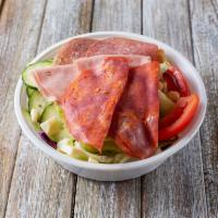 Small Antipasto Salad · Romaine and iceberg lettuce topped with dry salami, mortadella, capicola, red cabbage, tomat...