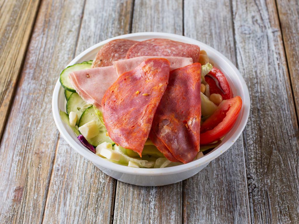 Small Antipasto Salad · Romaine and iceberg lettuce topped with dry salami, mortadella, capicola, red cabbage, tomato, green olive, cucumber, pepperoncini, garbanzo beans, and sharp provolone. Served with Italian dressing. Serves 1-3.
