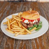 Sonoma Burger · Topped with goat cheese, roasted tomato, roasted pepper, arugula and balsamic glaze.