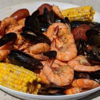 Coastal Boil · Three dozen large shrimp, two pounds of Chilean mussels, Andouille sausage, corn on the cob,...