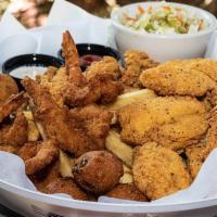 Fry Me to the Moon · A fishermen’s feast! Five large fried shrimp, full serving of our southern fried catfish, th...