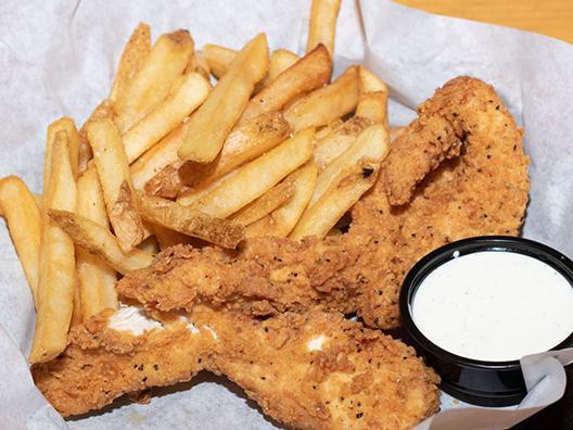 Chicken Fingers · Three chicken strips, crispy-fried or grilled, served with choice of side item, and ramekin of buttermilk ranch dressing.