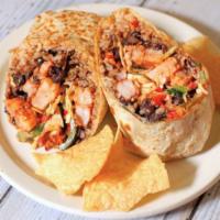 Shrimp Burrito · Grilled marinated shrimp, black bean & corn salsa, Jack and cheddar cheese, creamy slaw, and...
