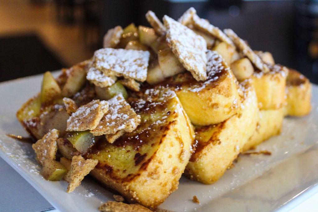 Apple Pie · Topped with french vanilla mascarpone, caramelized apples, graham cracker crumbs and powdered sugar. drizzled with maple cinnamon glaze.