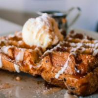 Fraffle · The fraffle. 2 pieces of french toast cooked as a waffle! Coated in cinnamon sugar and toppe...